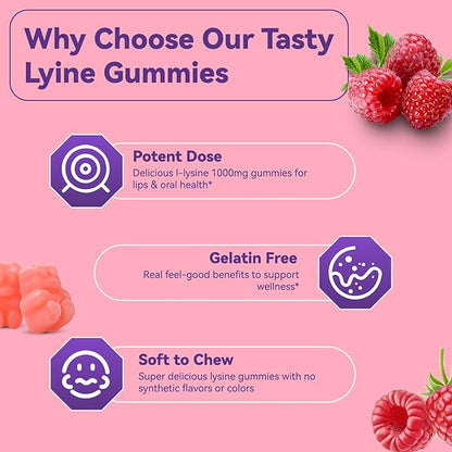 L-Lysine 1000mg Gummies, Chewable Lysine Supplement for Adults, Lysine Gummies for Lip Health, Immune Support- Vegan, Gluten-Free, Sugar-Free, 60 Counts