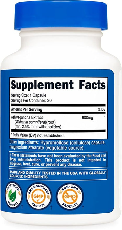 Nutricost Ashwagandha Root Extract Herbal Supplement 600mg, 30 Capsules - Vegetarian, GMO-Free, Gluten Free