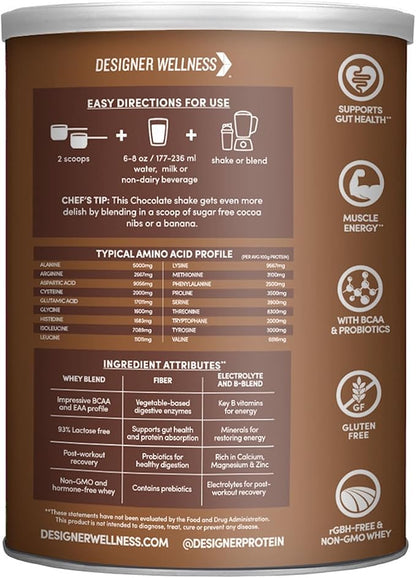 Designer Wellness, Designer Whey, Natural Whey Protein Powder with Probiotics, Fiber, and Key B-Vitamins for Energy, Gluten-Free, Gourmet Chocolate, 12oz