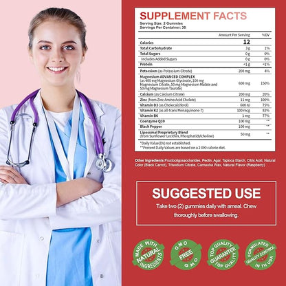 Liposomal Potassium Magnesium Gummies for Adults Kids, High Absorption Potassium Citrate 200mg Magnesium Glycinate 400mg, Vitamin B6 Chewable Supplements for Leg Cramps & Muscle, Raspberry, 60 Count