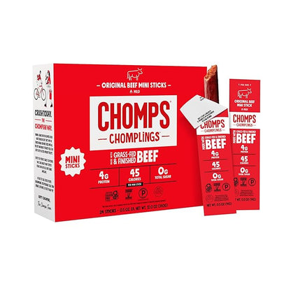 Chomps Snack Size Grass-Fed Original Beef Jerky Snack Sticks 0.5oz 24-Pack - Keto, Paleo, Whole30, 4g Lean Meat Protein, Gluten-Free, Zero Sugar Food, Non-GMO Chomplings