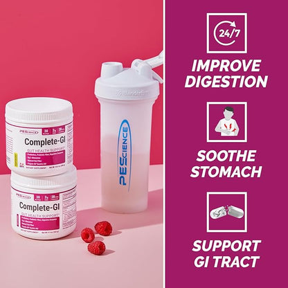 PEScience Complete-GI Gut Health Powder, Probiotics for Women and Men, Digestive Enzymes, Prebiotic Fiber, L Glutamine, Pepzin GI Zinc Carnosine - Raspberry Flavor, 30 Servings