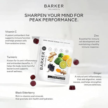 Barker Wellness Immunity Gummies with Vitamin C, Zinc, Elderberry, Turmeric & Ginger for Daily Immune Support | Vegan, Sugar-Free, Lemon-Lime Flavor | Seasonal Wellness Essentials, 60 Count