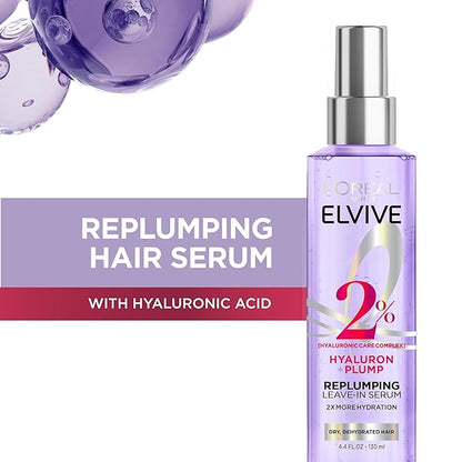 L'Oreal Paris Elvive Hyaluron Plump Moisture Plump Hair Serum for Dehydrated, Dry Hair with Hyaluronic Acid Care Complex, Paraben-Free, 4.4 Fl Oz