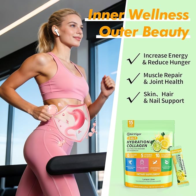 Electrolyte Collagen Powder Packets, 10g Collagen Protein Drink Mix for Hydration Recovery, Zero Sugar 2-in-1 Post Workout Rehydration, Joint Skin Muscle Support, 5 Vitamins, Lemon Lime