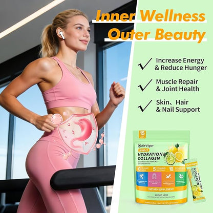 Electrolyte Collagen Powder Packets, 10g Collagen Protein Drink Mix for Hydration Recovery, Zero Sugar 2-in-1 Post Workout Rehydration, Joint Skin Muscle Support, 5 Vitamins, Lemon Lime
