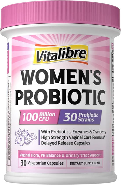 Probiotics for Women 30 Strains, 100 Billion CFU Vaginal Probiotics with Digestive Enzymes, Prebiotics & Cranberry for Urinary Tract Health, pH Balance, 30 Veggie Capsules