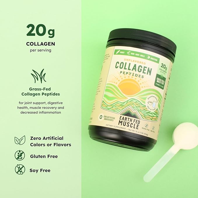 Earth Fed Muscle Collagen Peptides Powder – Unflavored Collagen Protein Powder for Women & Men | Supports Hair, Skin, Nails, Joints & Recovery | Sugar & Gluten-Free, Keto Friendly, 20g Per Serving