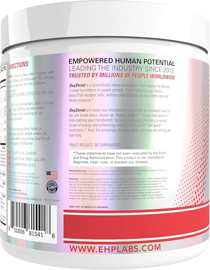 EHP Labs OxyShred Pre Workout Powder - Preworkout Powder with L Glutamine & Acetyl L Carnitine, Energy Boost Drink - Raspberry Refresh, 60 Servings