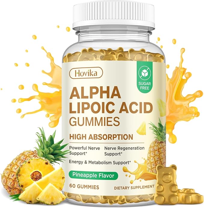 Alpha Lipoic Acid Gummies 600mg, ALA Supplement with Benfotiamine, Magnesium, NAC, Vitamin C & B12 for Nerve Support, Antioxidant and Energy & Metabolic, Vegan, Sugar Free, Pineapple Flavor, 60 Counts