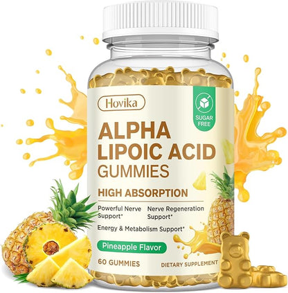 Alpha Lipoic Acid Gummies 600mg, ALA Supplement with Benfotiamine, Magnesium, NAC, Vitamin C & B12 for Nerve Support, Antioxidant and Energy & Metabolic, Vegan, Sugar Free, Pineapple Flavor, 60 Counts