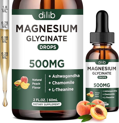 Magnesium Glycinate Liquid Drops Supplement, with Magnesium Glycinate 500mg Ashwagandha, L - Theanine, Chamomile -Support Stress Relief, Bone, Muscle, Mood Peach Flavor
