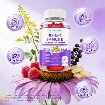 Immune Support Gummies – 8-in-1 Formula Herbal Supplements with Astragalus, Elderberry, Quercetin, Bromelain, Echinacea, Vitamin C, D3 and Zinc for Everyday Balance, Raspberry Flavor, 120 Count