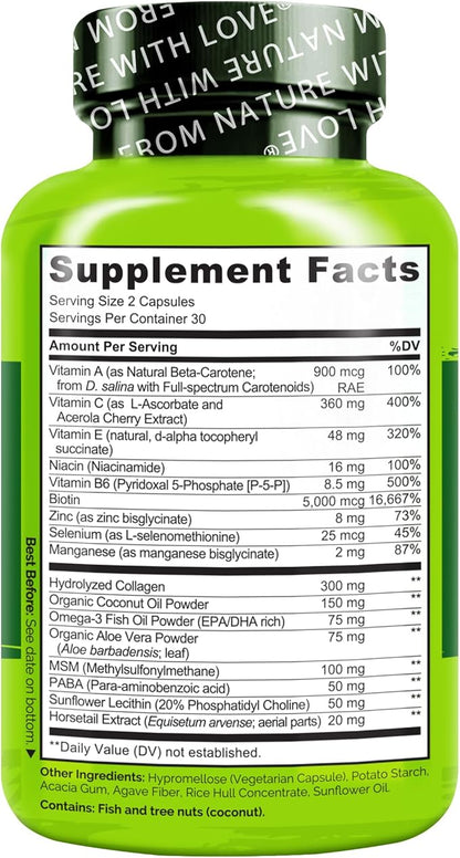 NATURELO Hair, Skin and Nails Vitamins - 5000 mcg Biotin, Collagen, Natural Vitamin E - Supplement for Healthy Skin, Hair Growth for Women and Men – 60 Capsules