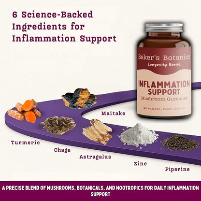Baker's Botanics Longevity Inflammation Support Gummies - Mushroom Gummies for Complete Women Wellness | Chaga, Maitake, Turmeric, Astragalus & Zinc | Peach Flavor | Vegan, Gluten-Free, Non-GMO