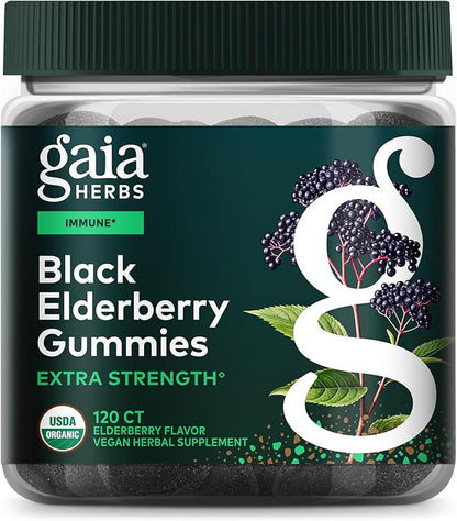 Gaia Herbs Black Elderberry (Sambucus nigra) Extra Strength Gummies - Delicious Immune Support Supplement* - Certified Organic Black Elderberries for Immune System Support* - 120 Gummies (60 Servings)