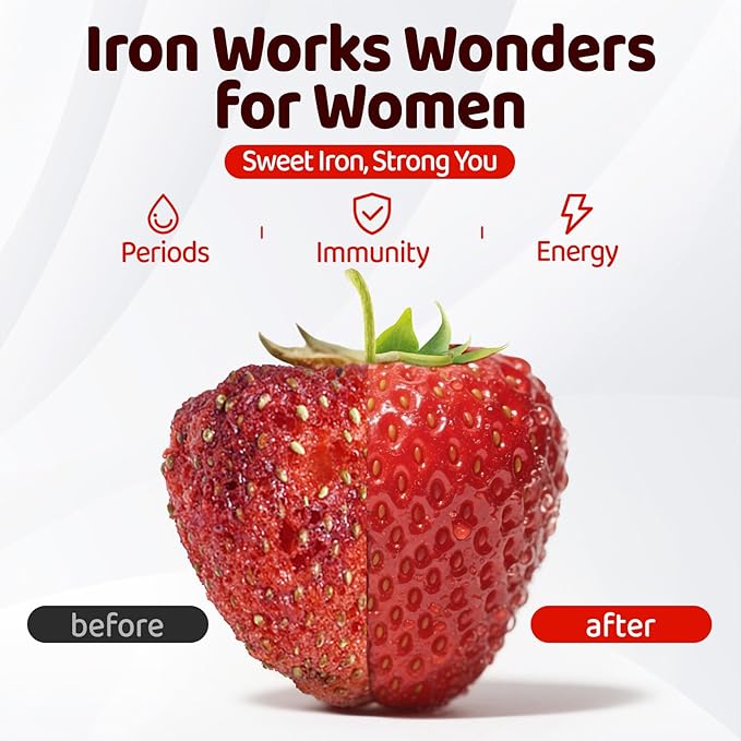 Iron Gummies for Women Teen Girls, Ferrous Gluconate 324 mg with Vitamin C, Iron Supplement Plus Vitamin A, B, Folate, Copper, Zinc, Energy & Blood Support, Immune Health, Sugar Free 60 Gummies