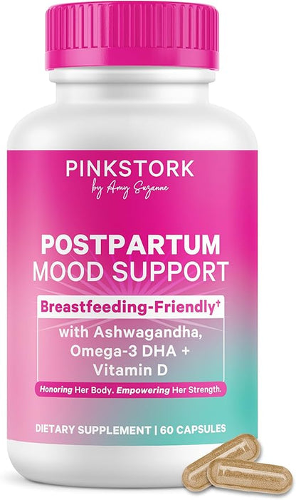 Pink Stork Postpartum Mood Support - Postnatal Hormone Balance for Women - Breastfeeding Friendly - Stress & Cognitive Support, New Mom Essentials - Ashwagandha, Chamomile, & Vitamin D, 60 Capsules