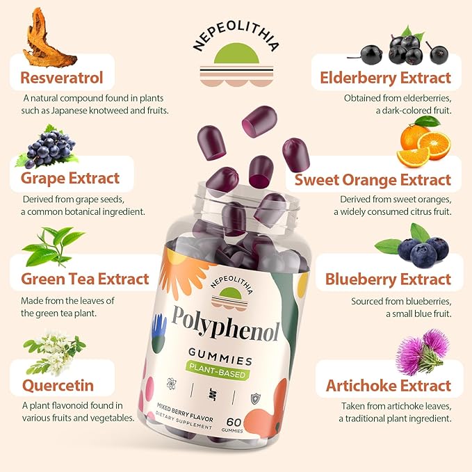 Polyphenol Gummies, Plant-Based Formula with Resveratrol, Elderberry, Grape, Turmeric,Green Tea, Cranberry Extract, Vitamins & Minerals, Superfood Blend, Mixed Berry Flavor, 120 Gummies