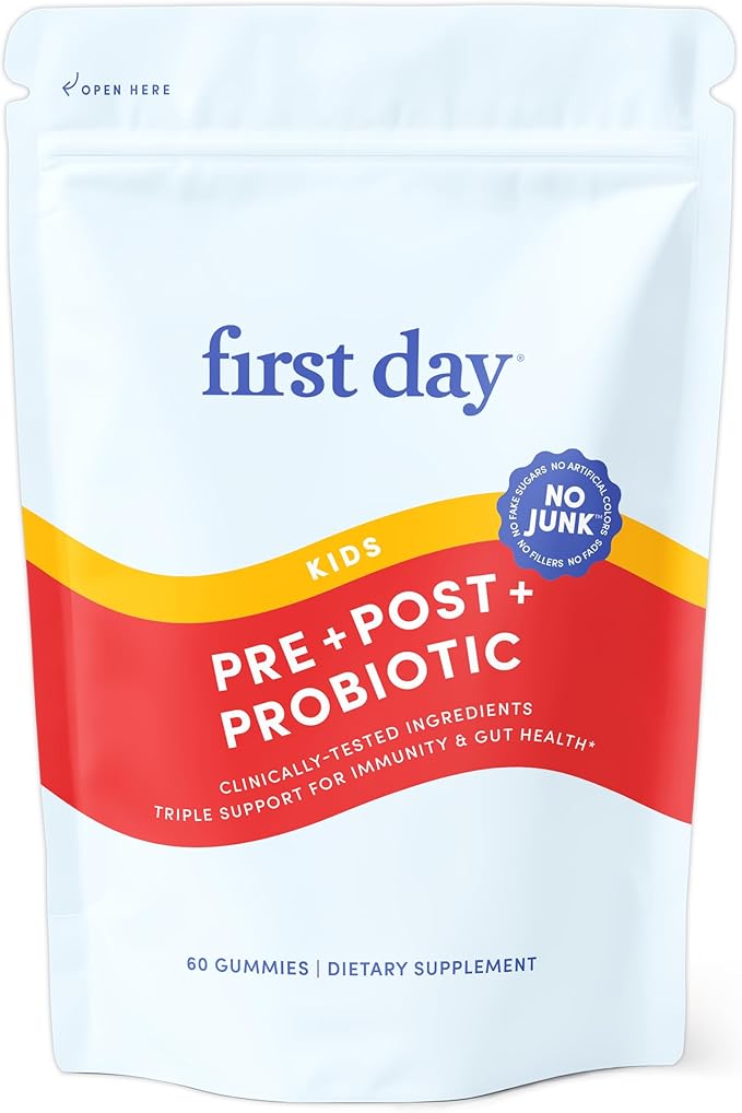 FIRST DAY Kids Probiotic Gummies - 3 in 1 Probiotics for Kids + Prebiotic & Postbiotic - Prebiotics & Probiotics for Digestive Health & Immune Support – Vegan, Gluten Free, 30-Day Supply