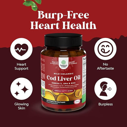 Icelandic Wild Caught Cod Liver Oil Softgels - Fish Omega 3, EPA, DHA, Vitamin D & A, 1000mg Per Serving - Burpless Capsules for Healthy Heart, Healthy Joints, Brain & Immune Support - 240 Count
