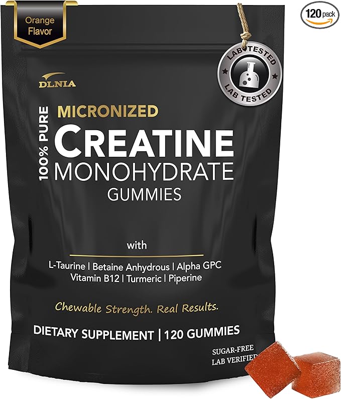 Creatine Monohydrate Gummies for Men & Women - Sugar Free & Vegan Advanced Formula W/L-Taurine + Vitamin B12 - for Muscle Strength, Muscles Builder, Recovery (120 Count (Pack of 1), Orange)