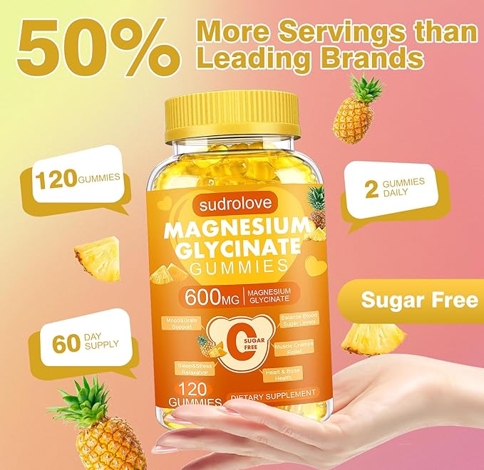 Magnesium Glycinate Gummies 600mg – Sugar Free Magnesium & Potassium Dietary Supplement with Vitamin D, B6 and CoQ10 for Calm Support & Sleep for Adults - High Absorption -Pineapple Gummies