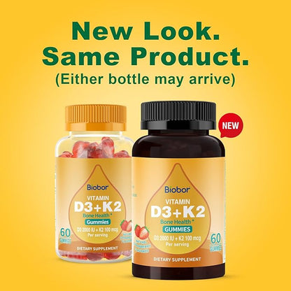 Natural Vitamin D3 K2 Gummies, 2000 IU Vitamin D3 & 100 mcg Vitamin K2,Supports Healthy Bone, Immune Health Supplement, GMO Free, Gluten Free, Strawberry Flavor, 120 Count