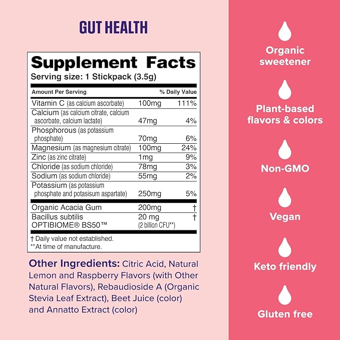Ultima Replenisher Gut Health Supplement and Electrolytes Powder - Raspberry Lemonade, 14 Stickpacks - Hydration Packets with Added Gut Health Benefits (Pack of 2)