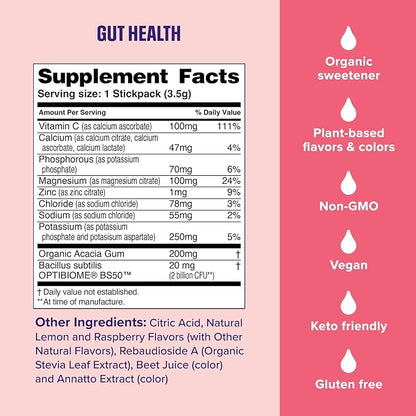 Ultima Replenisher Gut Health Supplement and Electrolytes Powder - Raspberry Lemonade, 14 Stickpacks - Hydration Packets with Added Gut Health Benefits (Pack of 2)