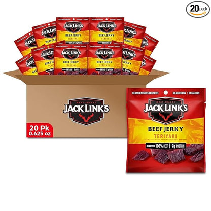 Jack Link's Beef Jerky, Teriyaki, Multipack Bags - Flavorful Meat Snacks for Lunches, Ready to Eat Protein Snacks, Individual Packs - 7g of Protein, Made with 100% Beef - 0.625 oz (Pack of 20)
