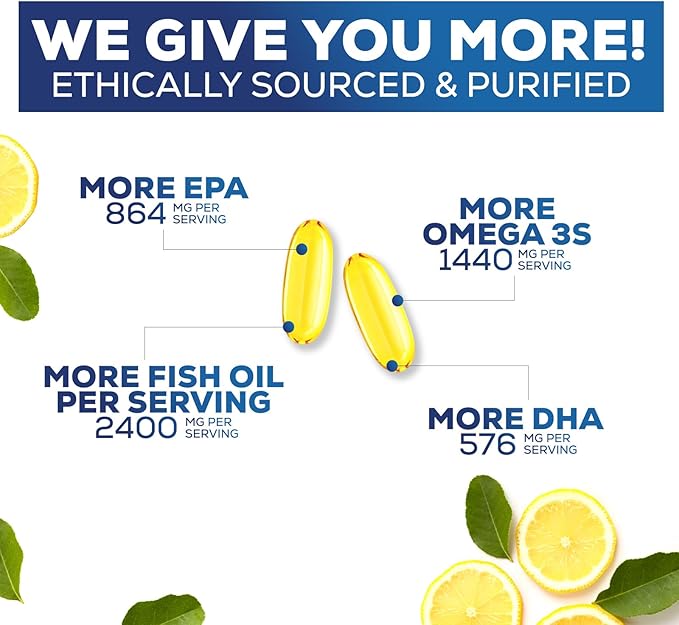 Omega 3 Fish Oil Supplements - 2400mg Fish Oil Per Serving - Triple Strength Omega-3 with EPA & DHA Fatty Acids - Natural Heart, Brain & Immune Support - Wild Caught, Bottled in USA - 180 Softgels