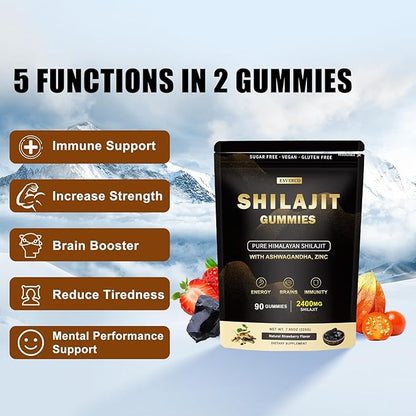 2400mg Shilajit Gummies with 2000mg Organic Ashwagandha Supplement for Men & Women, Extra Strength for Ehance Stamina, Immune Support, Vegan, for Adults, 90 Count