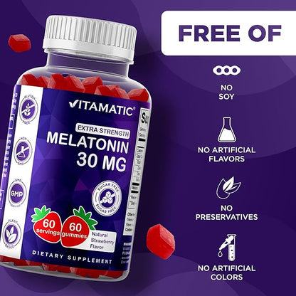 Vitamatic Sugar Free Melatonin 30mg per Gummy - 60 Servings - 60 Vegetarian Gummies - Non-Habit Forming Supplement (60 Count (Pack of 1))