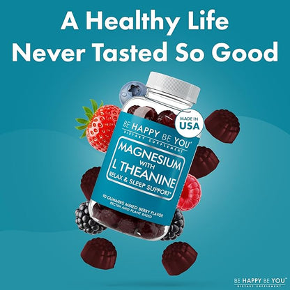 Magnesium Glycinate Gummies with L-Theanine – Relaxation & Sleep Support – Vegan, Gelatin-Free, Mixed Berry Flavor – Magnesium Supplement – 90 Ct