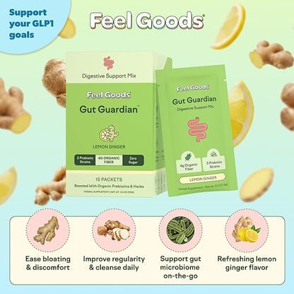 Feel Goods Gut Guardian, Gut Health Powder Packets - Probiotic Fiber Powder with Prebiotics & L Glutamine for Digestive Health, Bloating Relief & Digestion Support - Zero Sugar & Organic Flavor