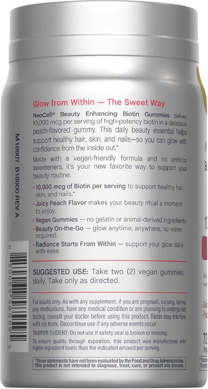 NeoCell biotin 10000mcg Gummies | 72 Count | Beauty Enhancing Supplement | Hair, Skin, and Nails | Peach Flavor