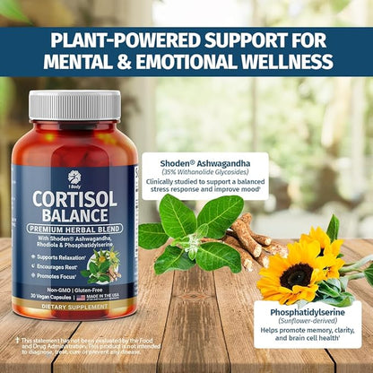 1 Body Cortisol Support for Women & Men – Ashwagandha, Phosphatidylserine & Saffron – Stress Relief, Calm Mood, Balanced Energy & Sleep Support – Vegan