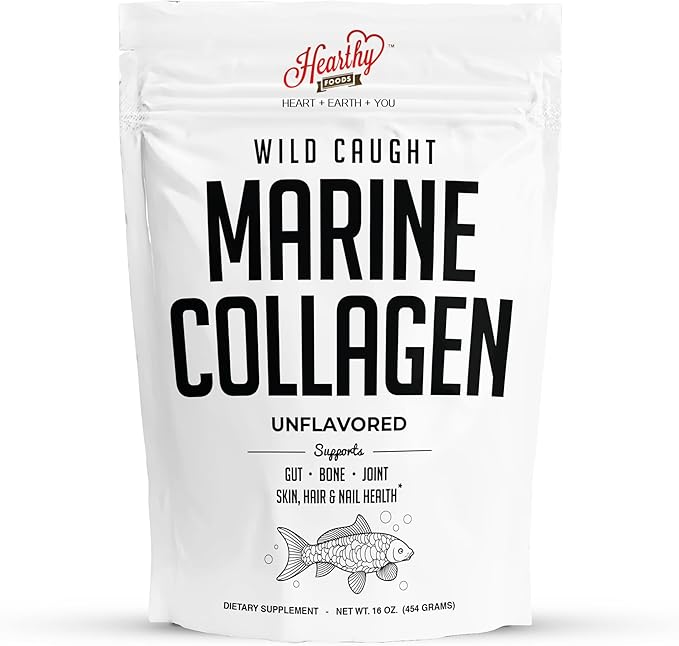 HEARTHY FOODS Marine Collagen Powder 16 Oz - Sourced from Wild-Caught Fish, Pescatarian Friendly, Keto Certified & Non-GMO Verified - Easy to Mix in Water - 45 Servings
