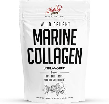 HEARTHY FOODS Marine Collagen Powder 16 Oz - Sourced from Wild-Caught Fish, Pescatarian Friendly, Keto Certified & Non-GMO Verified - Easy to Mix in Water - 45 Servings