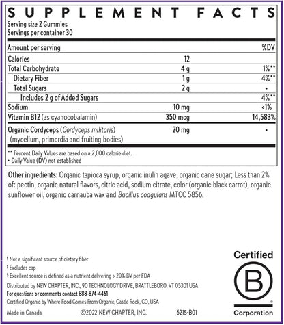 New Chapter® Organic Vitamin B12+ Gummies – 47% Less Sugar§, USDA Organic Vegan B12, Two Daily Gummies for Cellular Energy Support with Cordyceps, Non-GMO, Gluten Free, Raspberry Flavored, 60ct