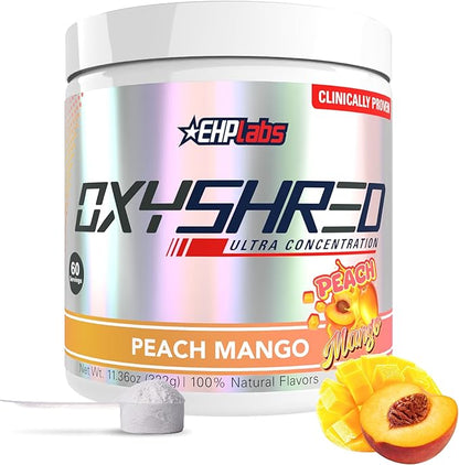 EHP Labs OxyShred Pre Workout Powder - Preworkout Powder with L Glutamine & Acetyl L Carnitine, Energy Boost Drink - Peach Mango, 60 Servings