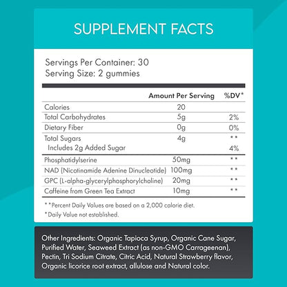Focus Gummies – NAD+ Brain Supplement with Phosphatidylserine, Alpha GPC Choline & Green Tea Extract – Memory & Focus Support – Strawberry – 60 Count – Made in USA