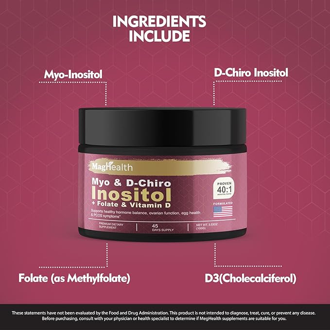 Inositol Powder - Myo & D-Chiro Inositol + Folate and Vitamin D - 40:1 Ratio - 45 Day Supply - Regular Menstrual and Fertility Support | Great Alternative to Capsules