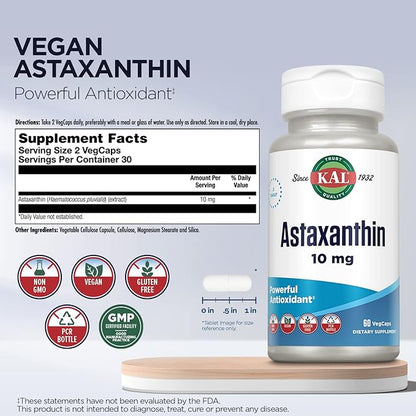 KAL Astaxanthin 10mg, Powerful Antioxidants Supplement, Eye Health and Brain Supplement, From Natural Plant Source, Non-GMO, Vegan, Gluten Free, 30 Servings, 60 VegCaps