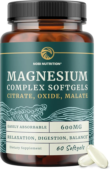 Triple Magnesium Softgels | Citrate, Malate, & Oxide | Highly Absorbable Magnesium Supplement for Digestion, Calm, Leg Cramps, & Sleep Support | 300mg Complex | Easy to Swallow Soft Gels | 60 Count