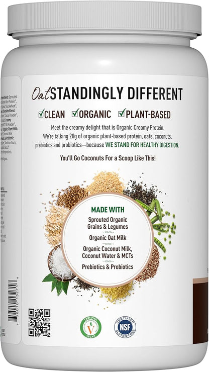 Garden of Life Creamy Plant Protein + Oat Milk Powder + Chocolate Flavor Vegan Protein Powder – Plant Based, Prebiotics & Probiotics, Gluten-Free, Non-GMO, Chocolate Brownie Flavor, 2 LBS
