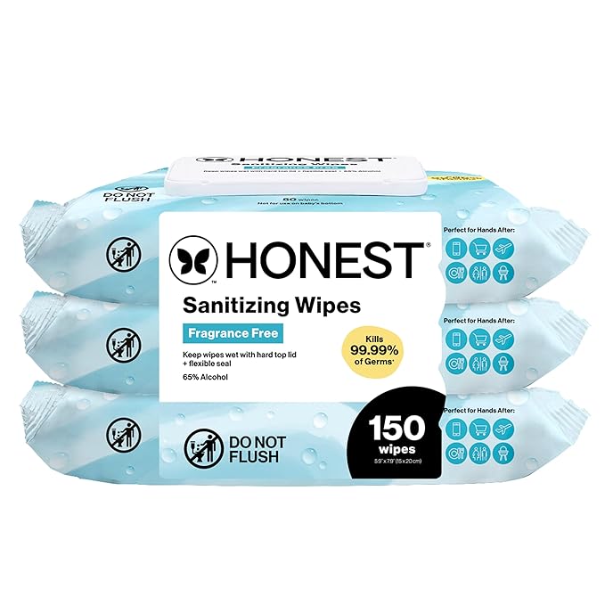 The Honest Company Fragrance-Free Sanitizing Alcohol Wipes, Antibacterial with Aloe, Kills 99% of Germs, 150 Count