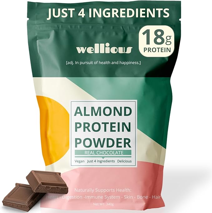 wellious Almond Protein Powder (Chocolate) - 18 Grams of Pure Healthiest Vegan Protein for Women & Men - Perfect Soy-Free & Smooth Gut Friendly Protein Powder for Sports Nutrition