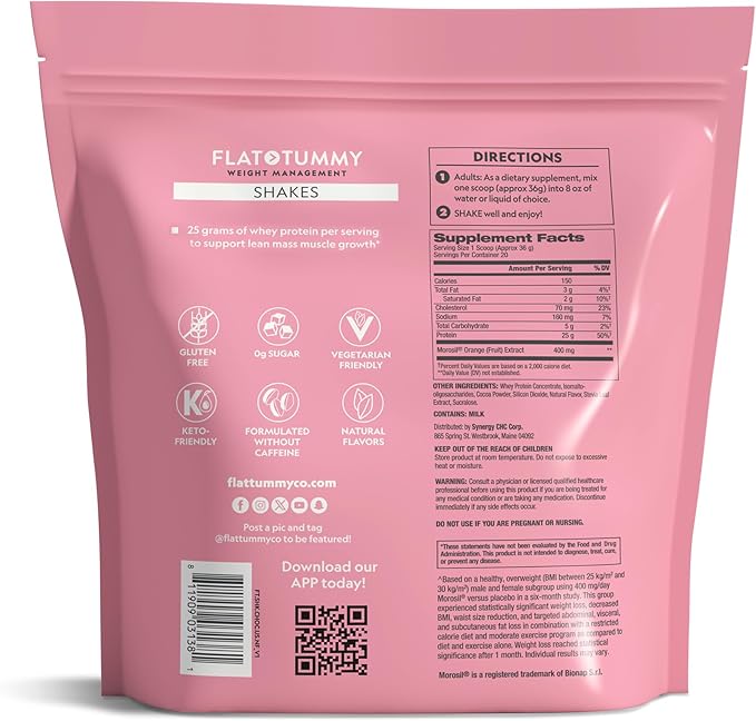 Flat Tummy Shakes - Chocolate, 20 Servings – Post GLP-1 Protein Supplement, High Protein, Zero Sugar, Keto-Friendly Meal Replacement with Clinically Studied Morosil®